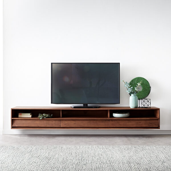 TV stolek Eloi 240×35 cm hnědá akácie 3 šuplíky závěsný