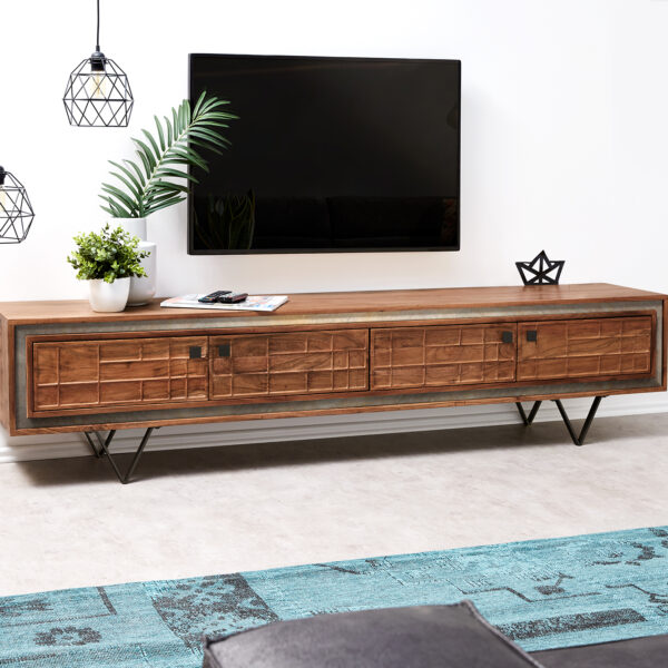 TV stolek Stonegrace 200 cm hnědá akácie 3D 4 dvířka podnož “V” černá