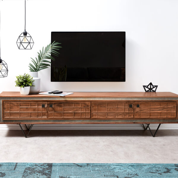 TV stolek Stonegrace 200 cm hnědá akácie 3D 4 dvířka podnož “V” černá