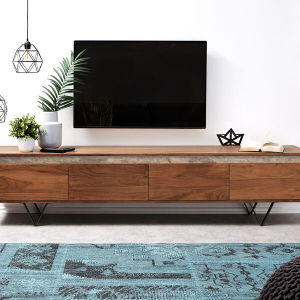 TV stolek Stonegrace 200 cm hnědá akácie kamenná dýha 4 šuplíky podnož “V” černá