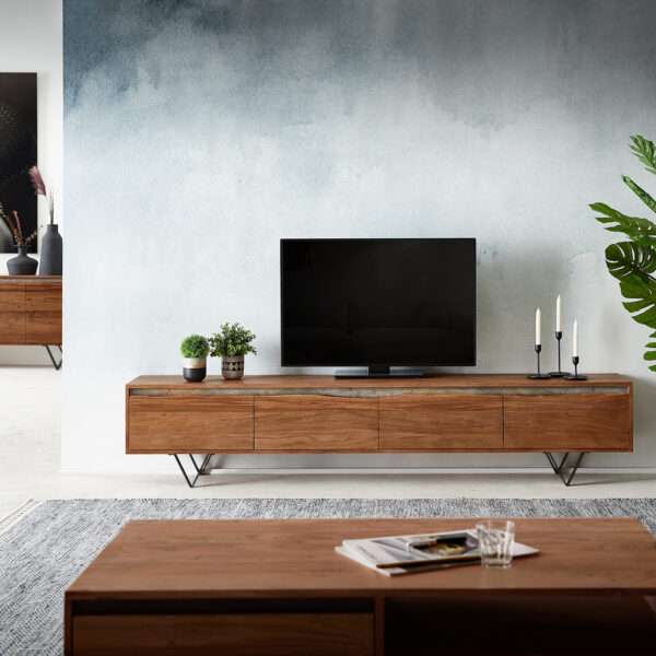 TV stolek Stonegrace 220 cm Akácie tmavá Hrana stromu 4 dveře V-Foot Černá