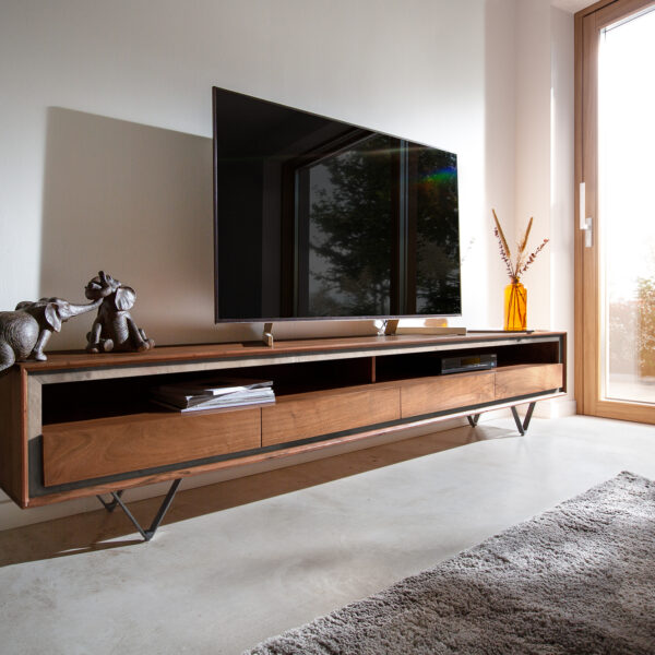 TV stolek Stonegrace 240 cm hnědá akácie kamenná dýha 4 šuplíky 1 přihrádka podnož “V” černá