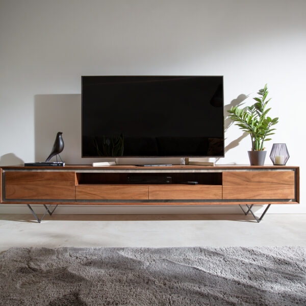 TV stolek Stonegrace 240 cm hnědá akácie 2 dvířka 2 šuplíky 1 přihrádka kamenná dýha podnož “V” černá