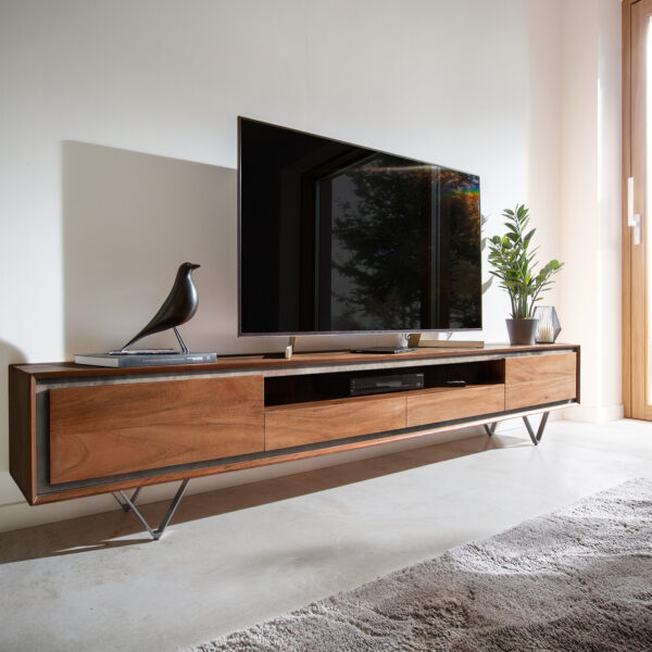 TV stolek Stonegrace 240 cm hnědá akácie 2 dvířka 2 šuplíky 1 přihrádka kamenná dýha podnož “V” černá