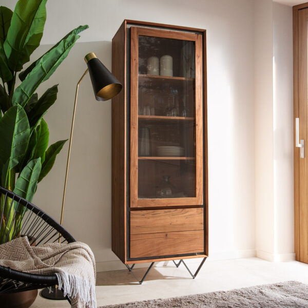 Skříň Stonegrace 55×180 cm hnědá akácie kamenná dýha 1 dvířka 2 šuplíky podnož “V” černá