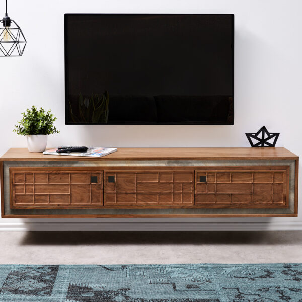 TV stolek Stonegrace 150 cm hnědá akácie 3D 3 dvířka závěsný