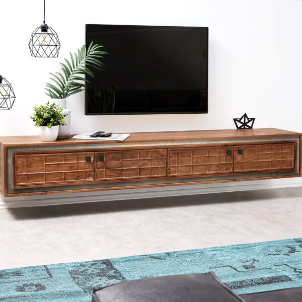 TV stolek Stonegrace 200 cm hnědá akácie 3D 4 dvířka závěsný