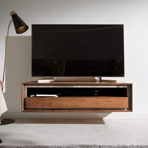 TV stolek Stonegrace 115×30 cm hnědá akácie kamenná dýha 1 šuplík 1 přihrádka závěsný