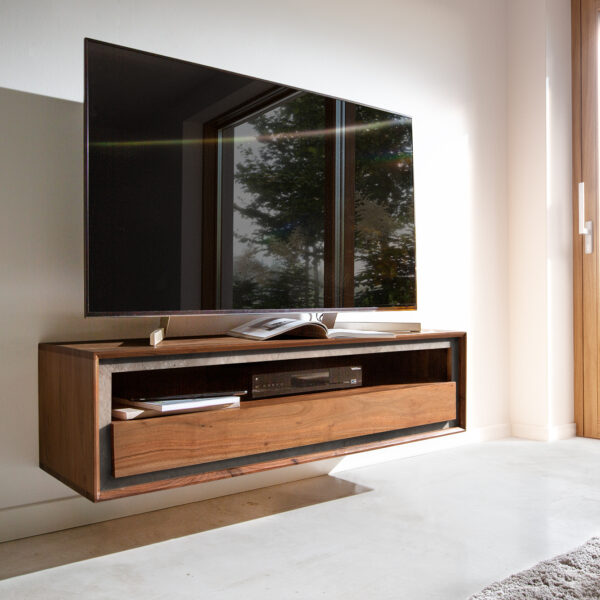 TV stolek Stonegrace 115×30 cm hnědá akácie kamenná dýha 1 šuplík 1 přihrádka závěsný