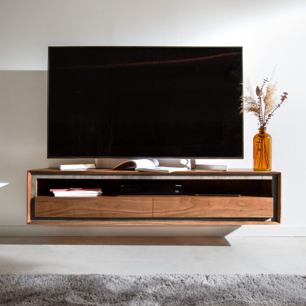TV stolek Stonegrace 145 cm hnědá akácie kamenná dýha 2 šuplíky 1 přihrádka závěsný