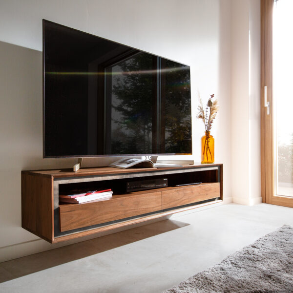 TV stolek Stonegrace 145 cm hnědá akácie kamenná dýha 2 šuplíky 1 přihrádka závěsný