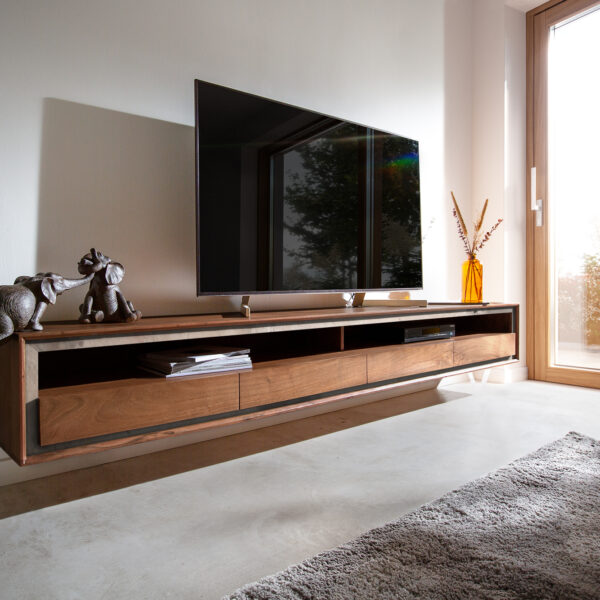TV stolek Stonegrace 240 cm hnědá akácie kamenná dýha 4 šuplíky 1 přihrádka závěsný