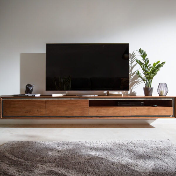 TV stolek Stonegrace 240 cm hnědá akácie kamenná dýha 2 dvířka 2 šuplíky 1 přihrádka závěsný