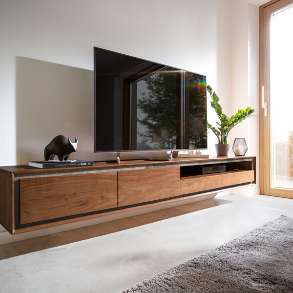 TV stolek Stonegrace 240 cm hnědá akácie kamenná dýha 2 dvířka 2 šuplíky 1 přihrádka závěsný