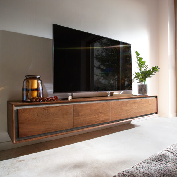 TV stolek Stonegrace 200 cm hnědá akácie kamenná dýha 4 dvířka závěsný