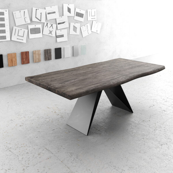 Jídelní stůl Edge 200×100 XL Akácie Platinum V-rám Plochá ocel Černá nepravidelná hrana