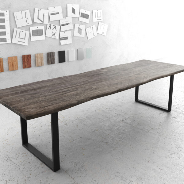 Jídelní stůl Edge 300×100 XL Akácie Platinum Skid Rám Černá nepravidelná hrana