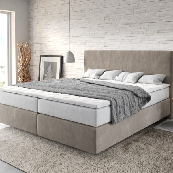 Postel Boxspring Dream-Well 180×200 cm béžová mikrovlákno s taštičkovou pružinovou matrací a visco topperem
