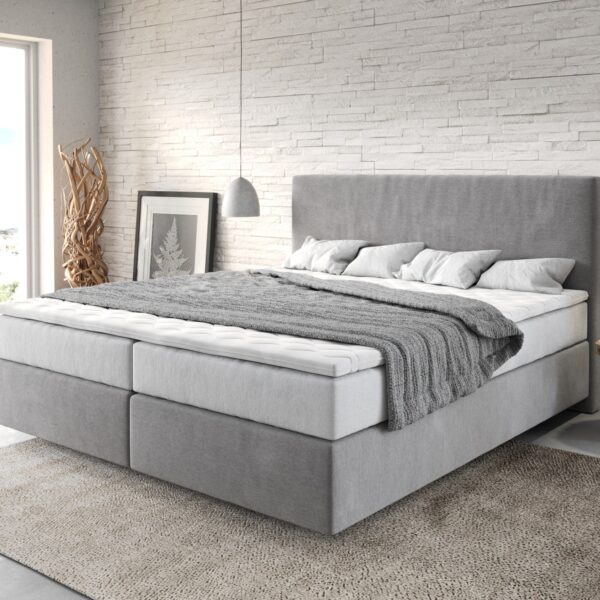 Postel Boxspring Dream-Well 180×200 cm mikrovlákno šedá s taštičkovou pružinovou matrací a visco topperem
