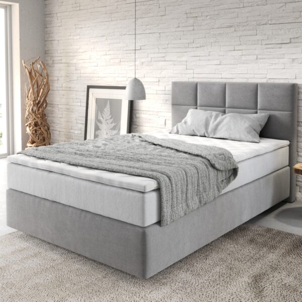 Postel Boxspring Dream-Fine 120×200 cm mikrovlákno šedá s taštičkovou pružinovou matrací a visco topperem