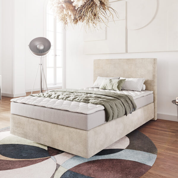 Postel Boxspring Dream-Well 120×200 cm manšestr béžový s matrací a topperem