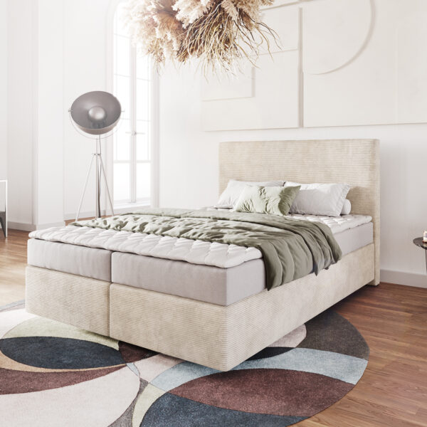 Postel Boxspring Dream-Well 140×200 cm manšestr béžový s matrací a topperem