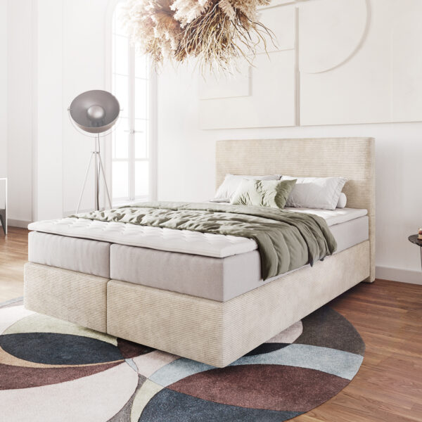 Postel Boxspring Dream-Well 140×200 cm Manšestrová Béžová s matrací Pocket Spring a topperem Visco