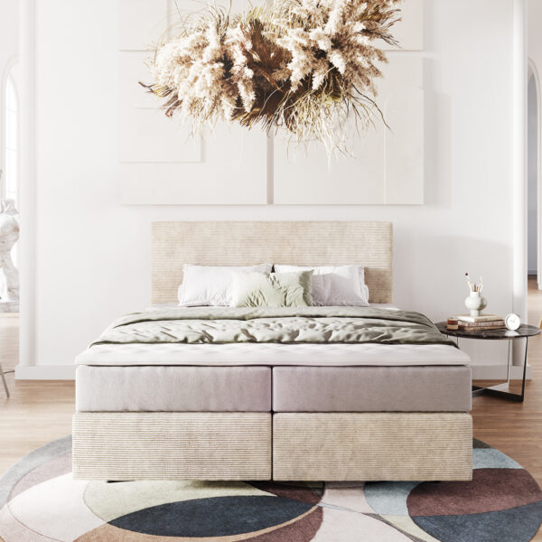 Postel Boxspring Dream-Well 160×200 cm Manšestrová Béžová s matrací Pocket Spring a topperem Visco