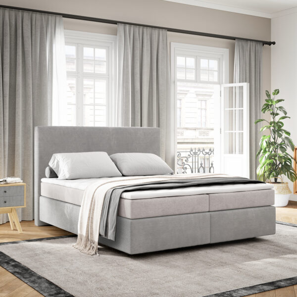Postel Boxspring Dream-Well 160×200 cm manšestr stříbrošedý s taštičkovou pružinovou matrací a visco topperem