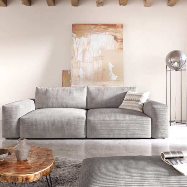 Velká pohovka Lanzo XL 270×125 cm Manšestrová Stříbrno Šedá s taburetem