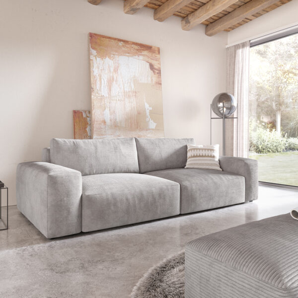 Velká pohovka Lanzo XL 270×125 cm Manšestrová Stříbrno Šedá s taburetem