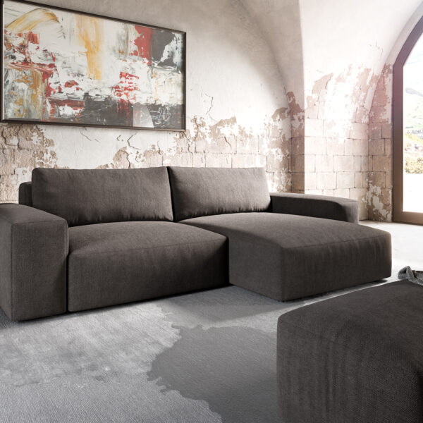 Rohová sedací souprava Lanzo XL 280×175 cm mikrovlákno khaki Hnědá Recamiere Variable s taburetem