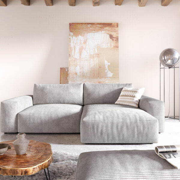 Rohová sedací souprava Lanzo XL 280×175 cm Manšestrová Stříbrno Šedá Variable Recamiere s taburetem
