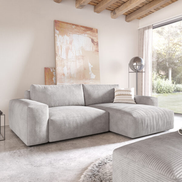 Rohová sedací souprava Lanzo XL 280×175 cm Manšestrová Stříbrno Šedá Variable Recamiere s taburetem