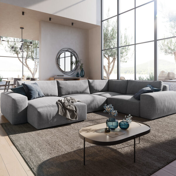 Pohovka ve tvaru U Lanzo XL 370×260 cm šedá židle mikrovlákno variabilní