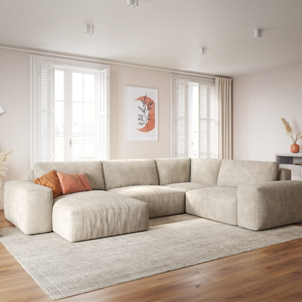 Pohovka ve tvaru U Lanzo XL 370×260 cm manšestr béžová variabilní