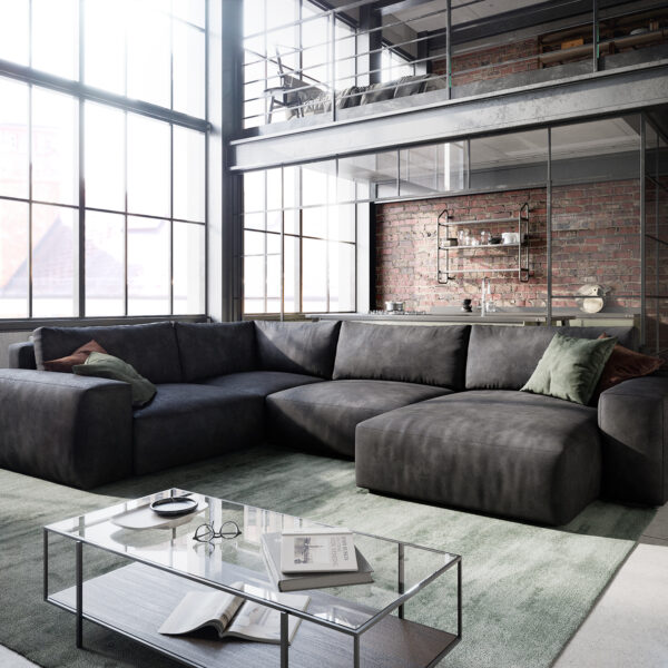 Sedací souprava Lanzo L 330×230 cm umělá kůže vintage antracit variabilní recamiere