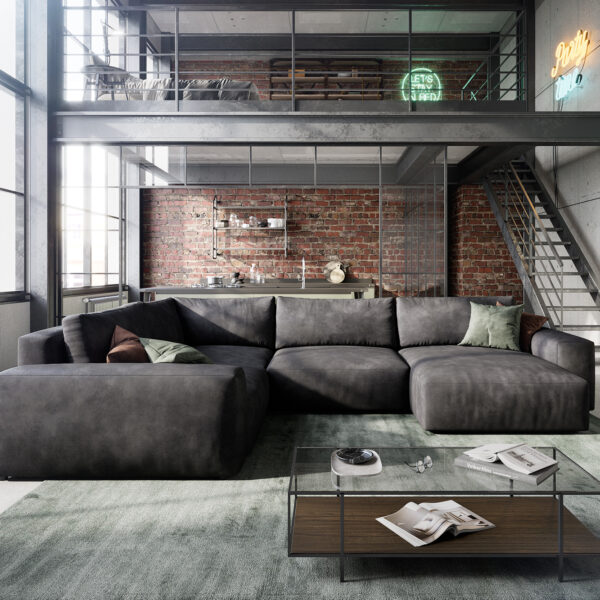 Sedací souprava Lanzo L 330×230 cm umělá kůže vintage antracit variabilní recamiere