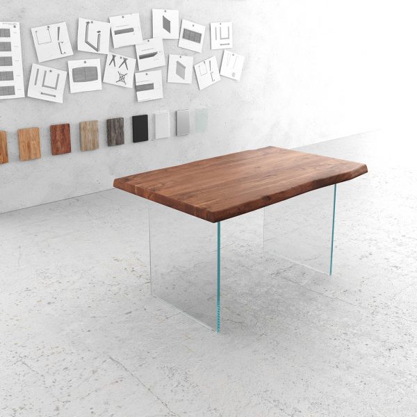 Jídelní stůl Edge 140×90 cm XL hnědá akácie skleněná podnož nepravidelná hrana