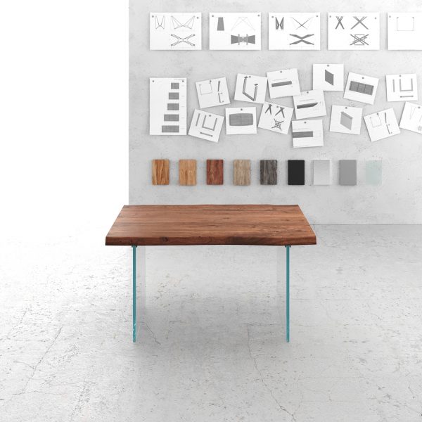 Jídelní stůl Edge 140×90 cm XL hnědá akácie skleněná podnož nepravidelná hrana