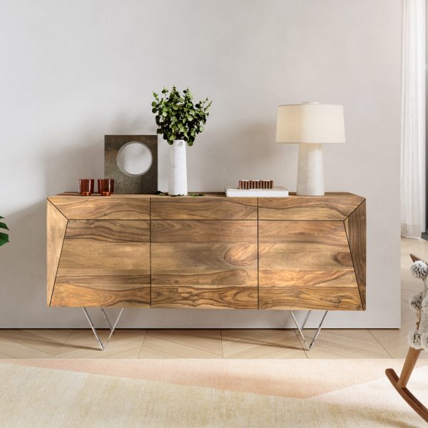 Designový příborník Wyatt 150 cm Sheesham Přírodní 3D look top nerezová ocel