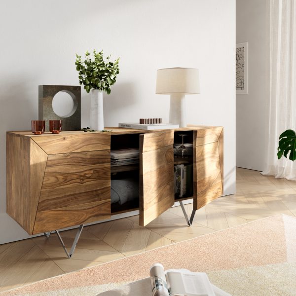 Designový příborník Wyatt 150 cm Sheesham Přírodní 3D look top nerezová ocel