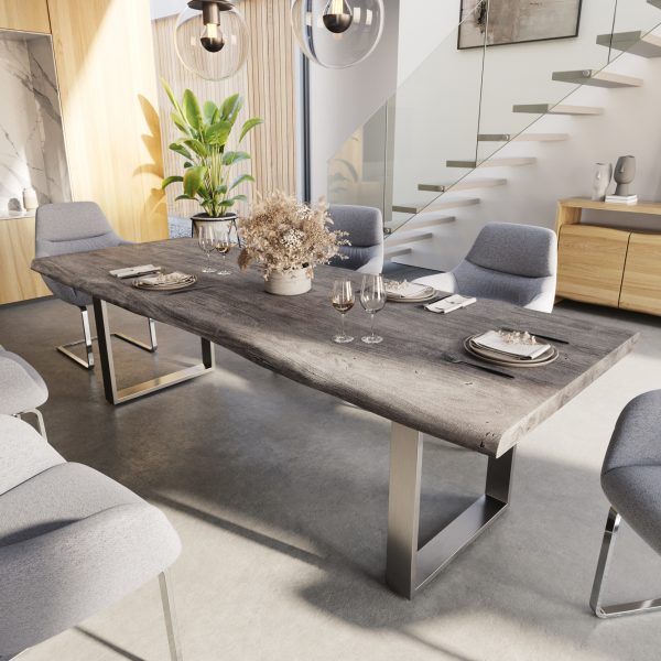 Jídelní stůl Edge 260×100 XL Akácie Platinum Nerezová ocel Úzká hrana nepravidelná hrana