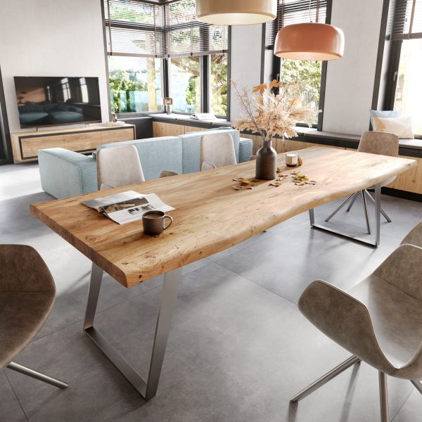 Jídelní stůl Edge 260x100cm XL přírodní akácie nerezová ocel stříbrná šikmá