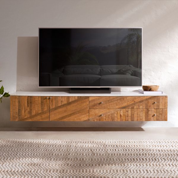 TV stolek Bahan 175 cm mango teak 2 dvířka 2 šuplíky mramor bílá