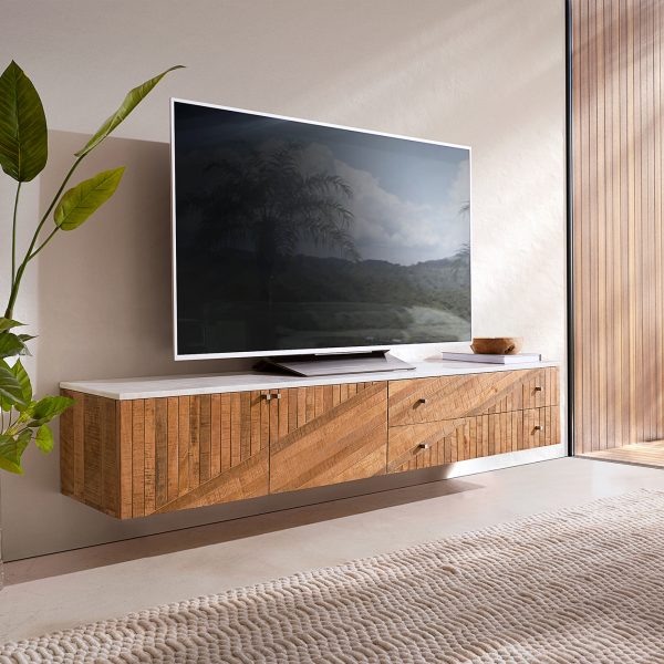 TV stolek Bahan 175 cm mango teak 2 dvířka 2 šuplíky mramor bílá