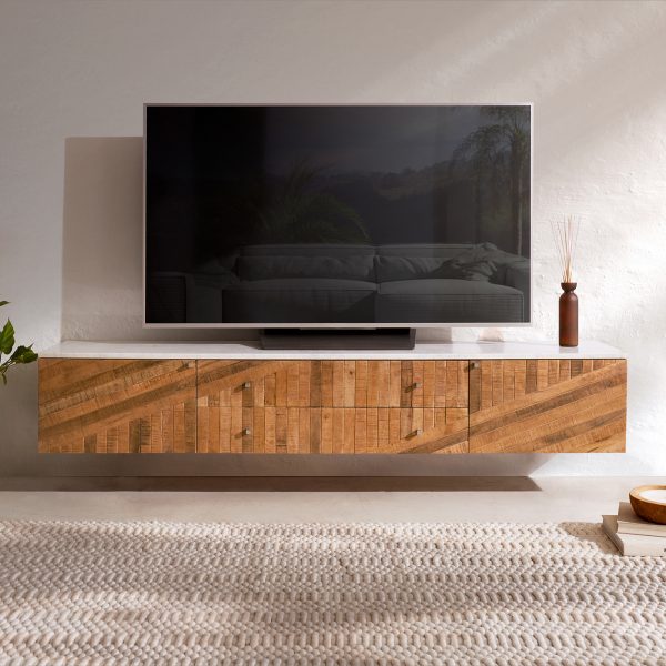 TV stolek Bahan 175 cm mango teak 2 dvířka 2 šuplíky mramor bílá