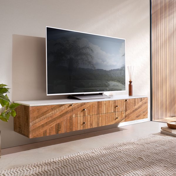 TV stolek Bahan 175 cm mango teak 2 dvířka 2 šuplíky mramor bílá