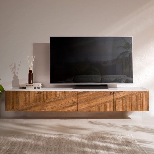 TV stolek Bahan 200 cm teakové mango 4 dvířka mramor bílé závěsný