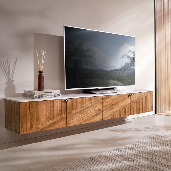 TV stolek Bahan 200 cm teakové mango 4 dvířka mramor bílé závěsný